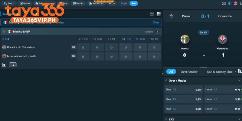 Basketball at taya365 betting slip with spread selection
