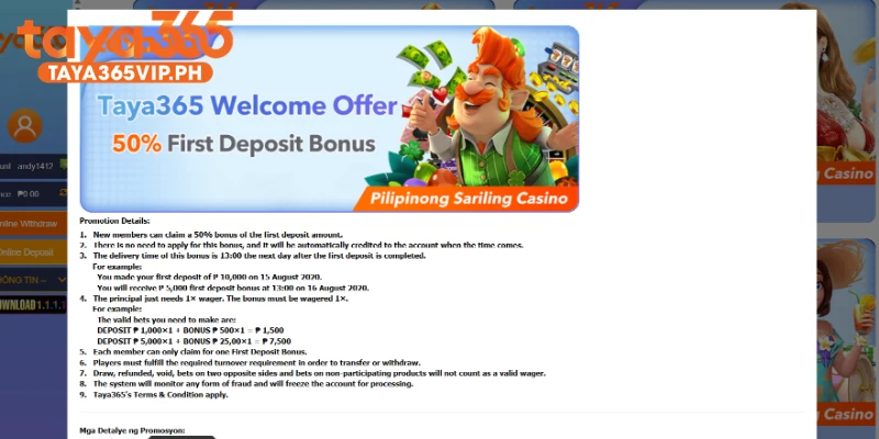 Make your first deposit after Taya365 Register today