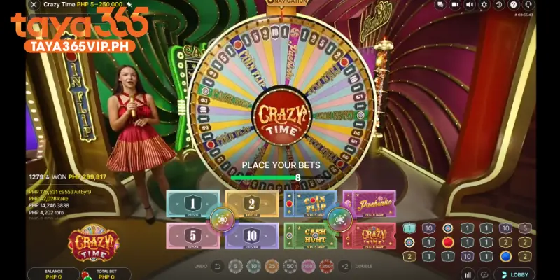 Crazy time at taya365 betting panel with 8 bet spots