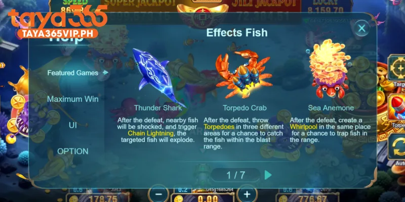 Jackpot fishing 2 at taya365 Torpedo Crab and Thunder Shark effects