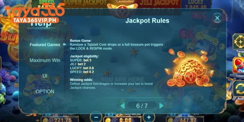 Jackpot tiers unlocked at each bet level in Jackpot Fishing 2 at Taya365