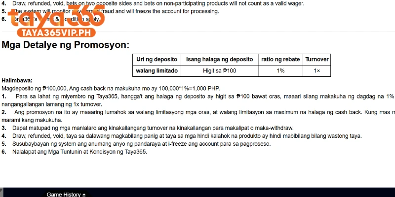 Official Taya365 cashback promotion terms and rebate table