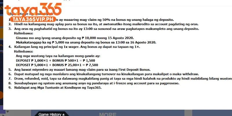 Official Taya365 promotion terms for the 50% first deposit bonus