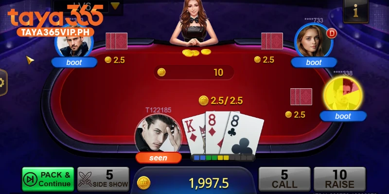 Pack, Side Show, Call and Raise buttons on a TeenPatti table