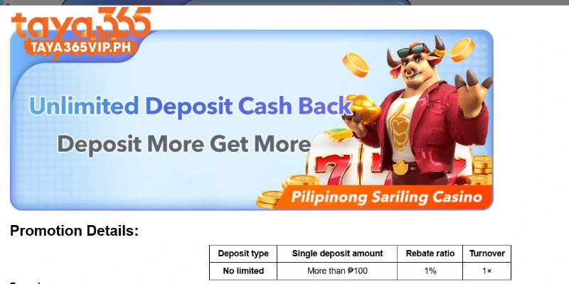 Taya365 Cashback on every deposit, no cap for players