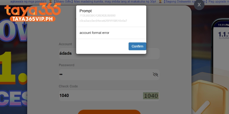 Taya365 login problems come from wrong details