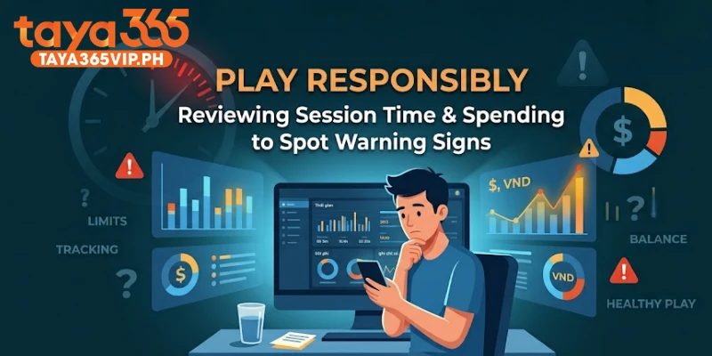 Taya365 player reviewing session time and spending to spot warning signs