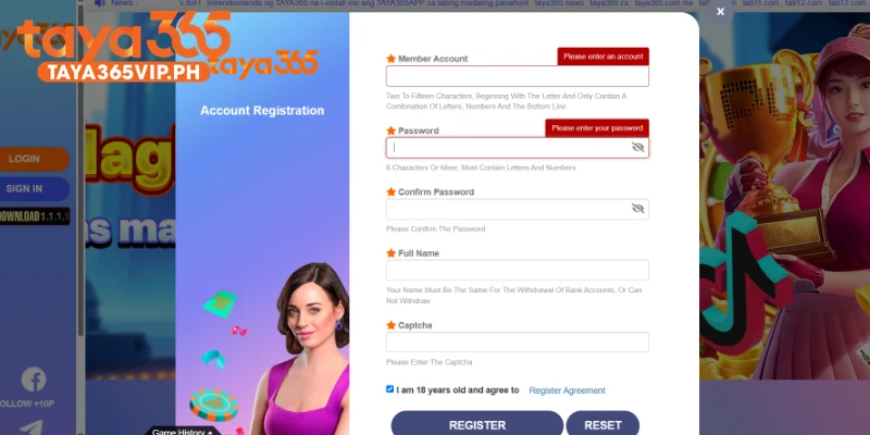 Taya365 registration form showing the identity verification fields for members