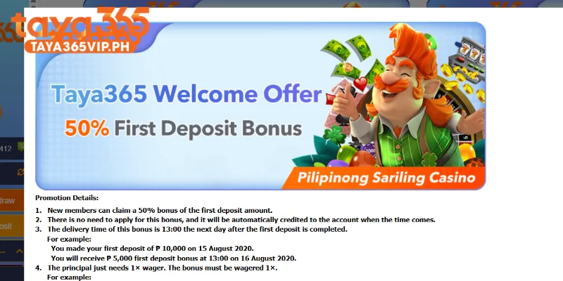 Taya365 Welcome Bonus with the 50% first deposit bonus
