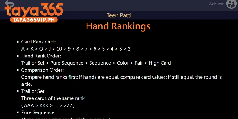 TeenPatti hand rankings from Trail down to High Card