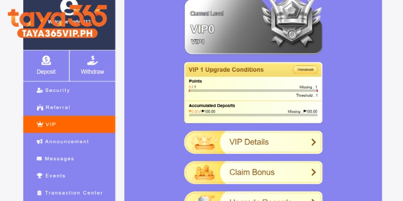 VIP points and deposit progress in the Taya365 member center